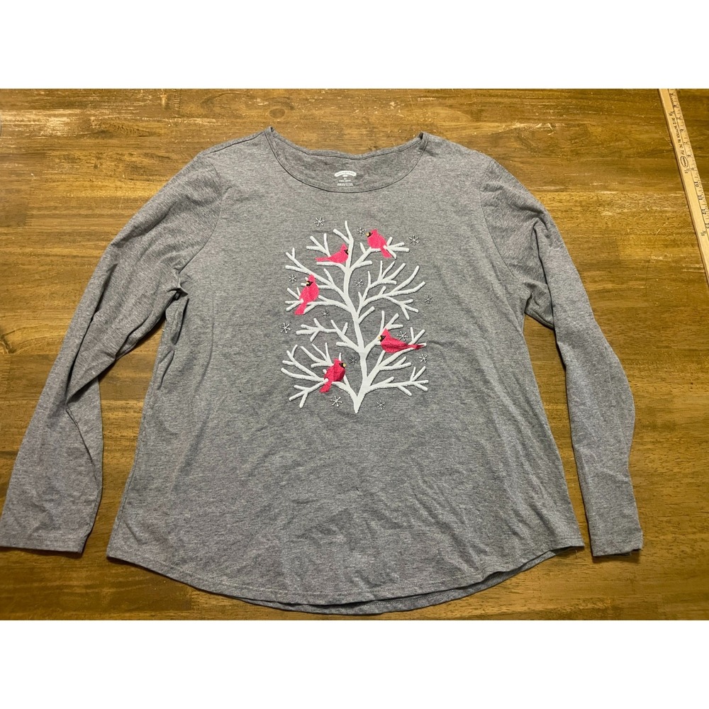 Holiday Time Shirt 2X Grey White Red Silver Sparkle Tree Branch White Cardina